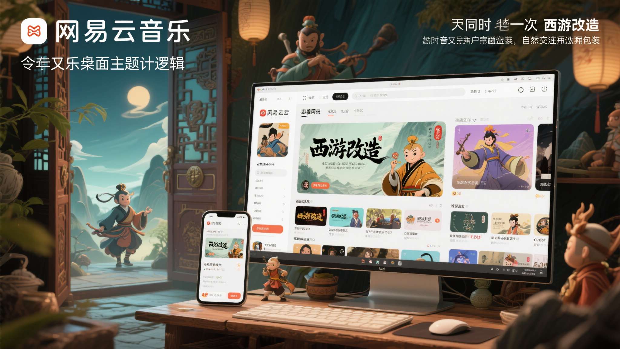 与此同时，网易云音乐的桌面端也迎来了一次"西游改造"——游戏角色与场景以音乐桌面